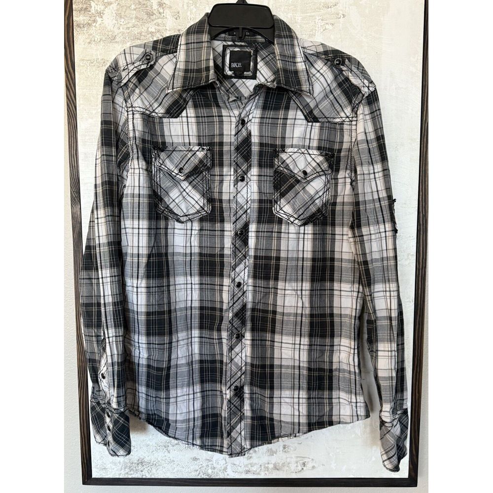 BKE Womens Sz M Shirt Black‎ White Plaid Athletic Fit Pearl Snaps Western/Ranch